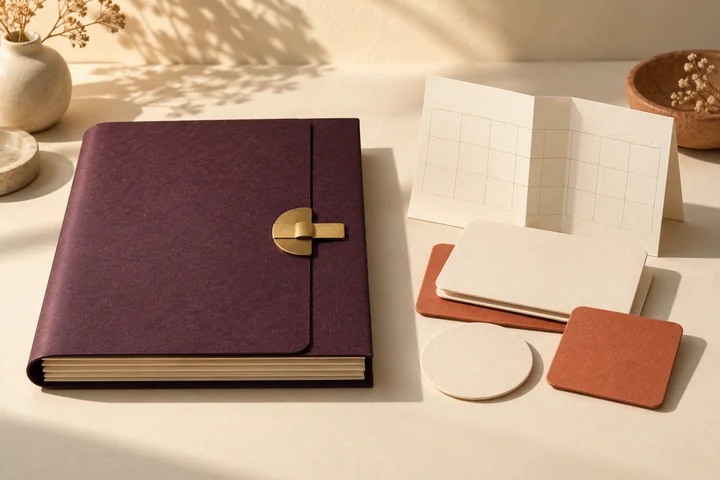 A closed folder with a brass clasp sits apart from loose cards and an unmarked calendar sheet.