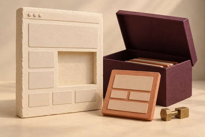 A paper website with an empty recess stands beside a separate form tile and an open archive box.