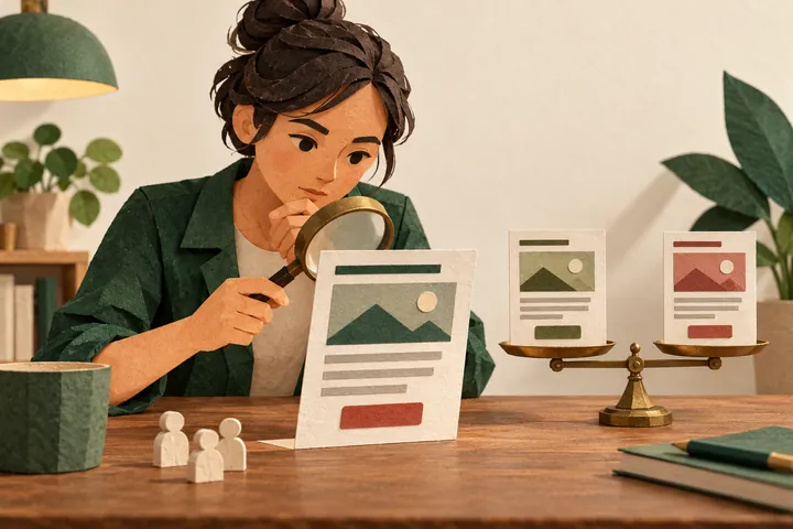 A paper illustration of a business owner examining a webpage while two alternative page cards remain on a balance.