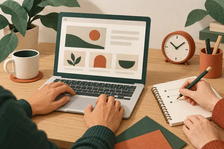 A paper illustration of one person using a laptop while another records observations in a notebook.