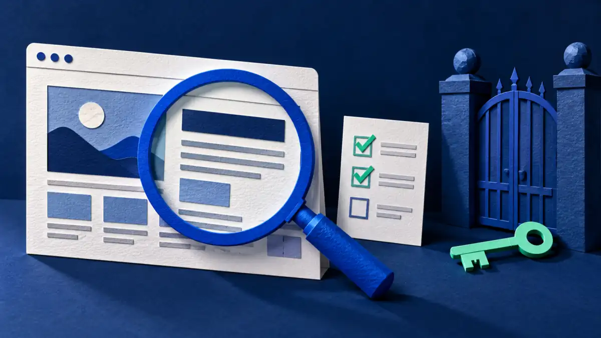 AdSense approval requirements illustrated by a website, review checklist and a locked gate.