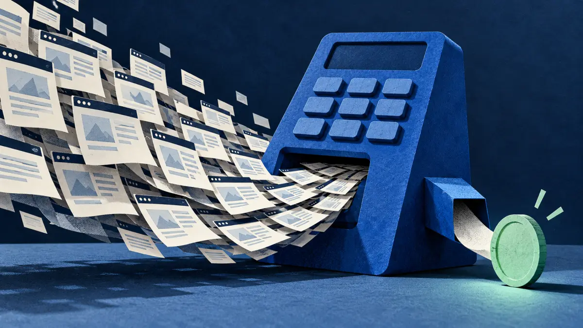 Paper browser pages flowing through a blue calculator toward a single green coin.
