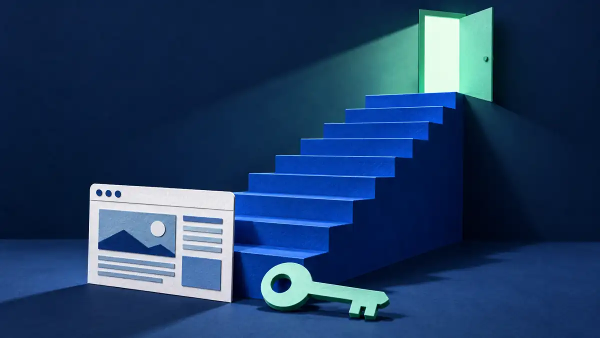 Publisher ad network entry requirements illustrated by a website, key and stairs leading to an open doorway.