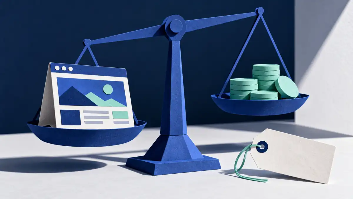 Website valuation and advertising revenue illustrated by a paper website and coins on an uneven balance scale.