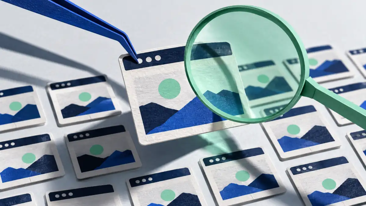Website research sampling illustrated by tweezers selecting one website card under a magnifying lens.