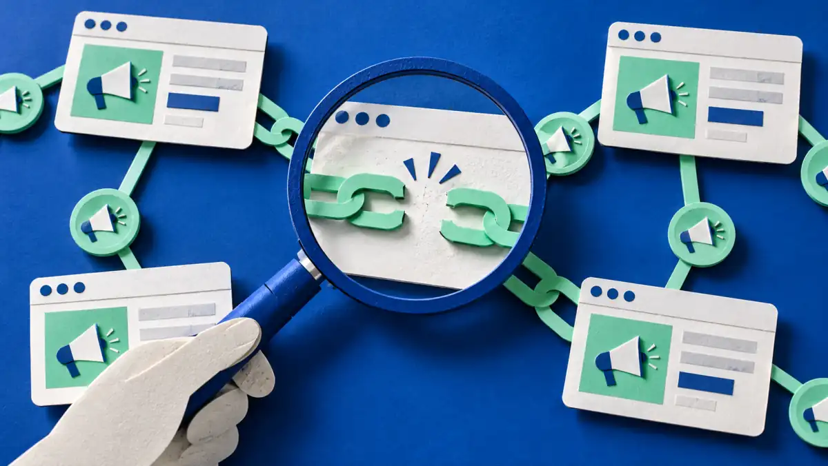 Ad network transparency: a magnifying glass reveals a broken connection between website advertising records.