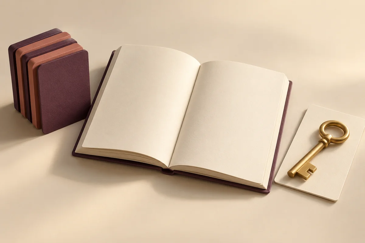 An open blank workbook sits between a stack of colored cards and a brass key on a separate card.