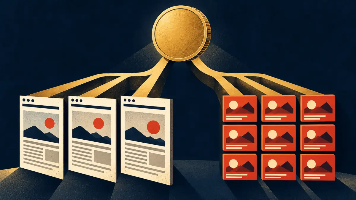 A single gold coin connects to three webpage cards and nine ad tiles: the same earnings can produce different rates when counted per page or per ad impression.