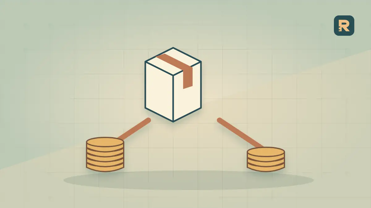 A product parcel sends coins along two payment paths ending in unequal stacks, illustrating the fee cost of payment options.