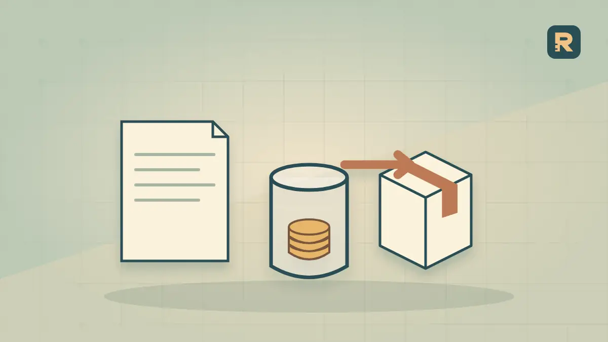A paper profit ledger sits above a cash vessel connected to a stock carton, illustrating profit versus the timing of cash payments.