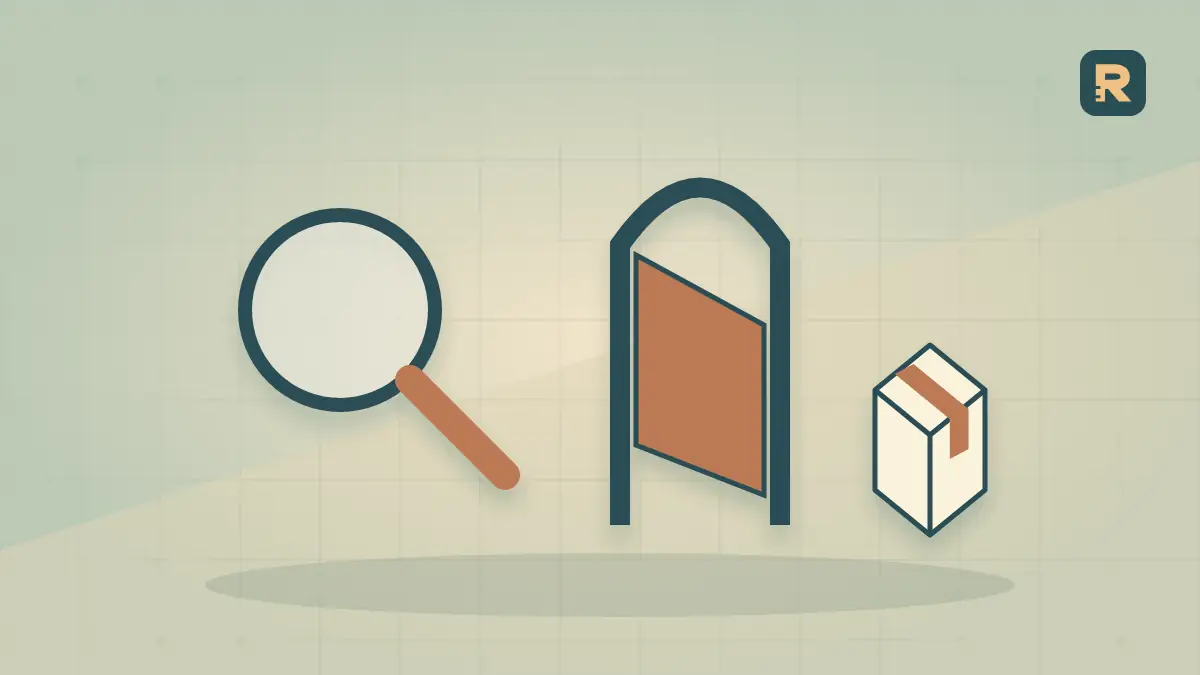 A search-interest lens sits before a purchase gate and a small stock parcel, showing that search interest is separate from sales.