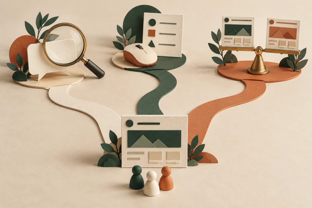 A small paper website leads to three research paths: a reader question, a task check and a comparison of page versions.