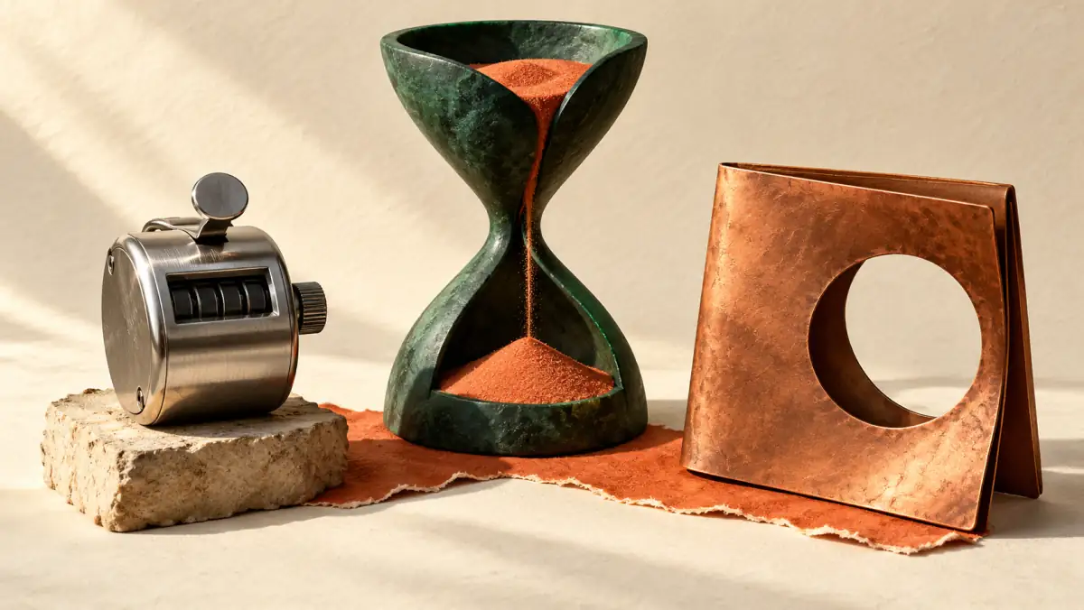 A metal tally counter, sculpted green hourglass and folded copper ledger on torn orange paper, a conceptual illustration of different entry measures.