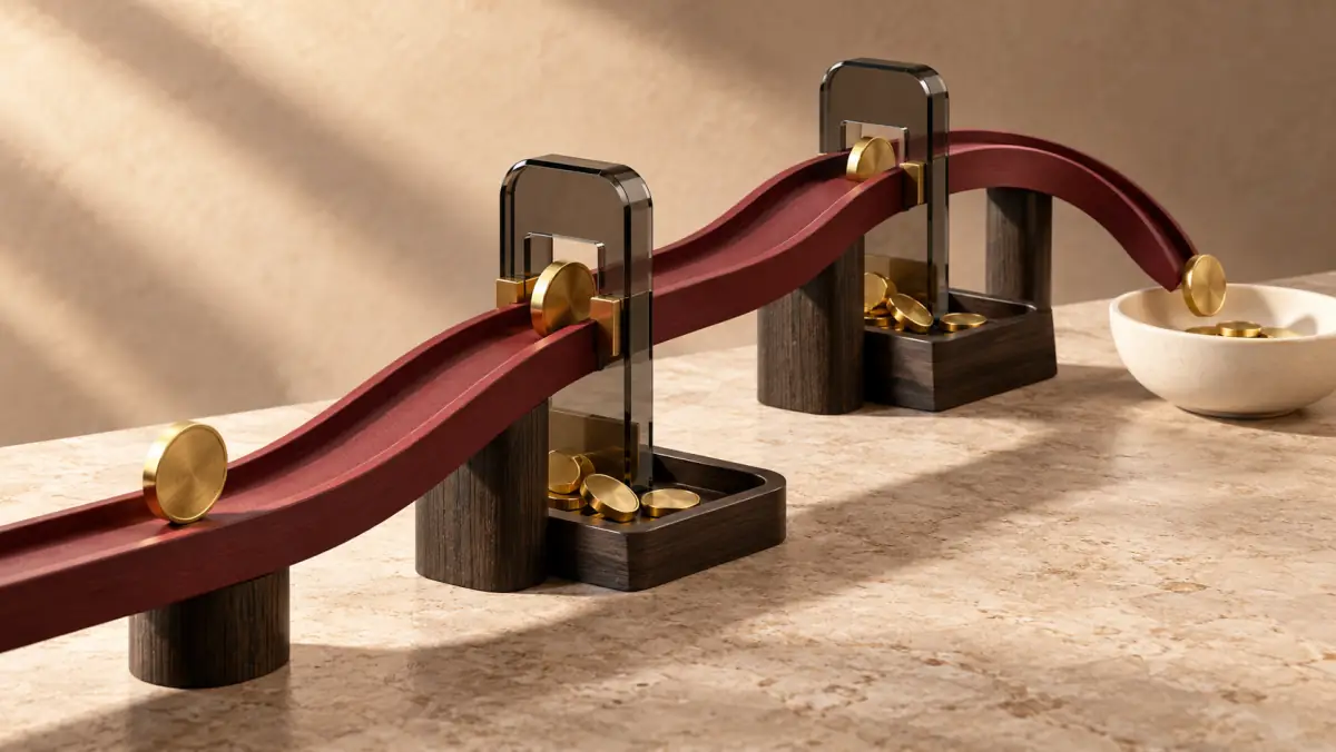 Concept illustration: coins travel along a rising burgundy track through two glass toll gates, with fees collected before the remaining coins reach a bowl.