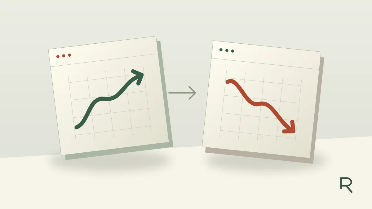 Two illustrated paper charts show opposite directions: a short-term rise beside a longer-term fall. Conceptual artwork, not a plotted data series.