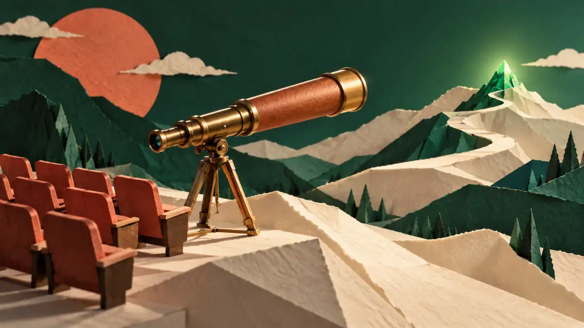A brass telescope faces a paper mountain while empty theater seats wait behind it: a high position does not mean an audience.