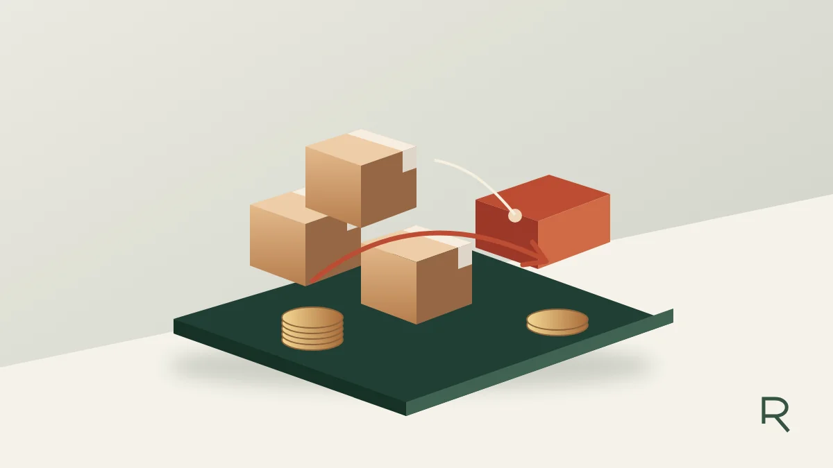 Original carton-and-coin illustration: a sale tag bridges stocked boxes while a smaller coin stack shows the cost of a discount.