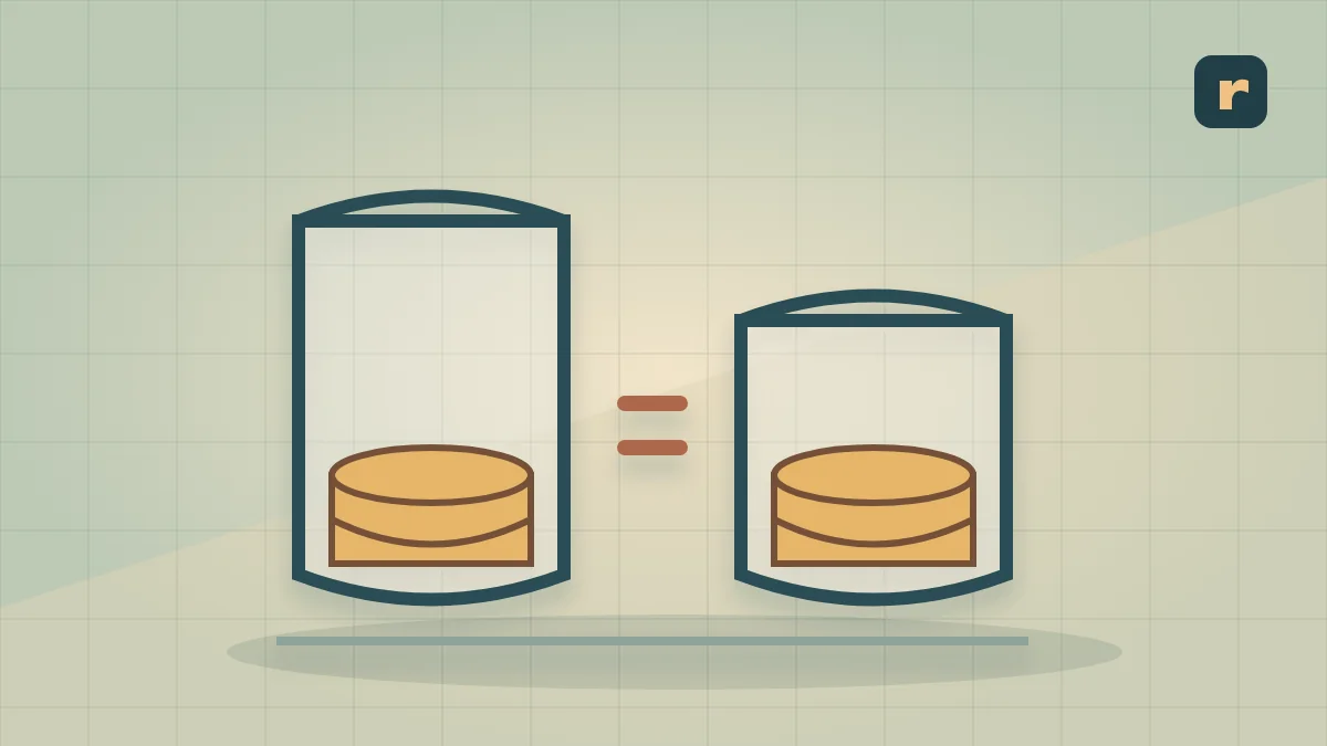Two balanced measuring vessels contain the same coin stack against different capacities, illustrating margin and markup denominators.