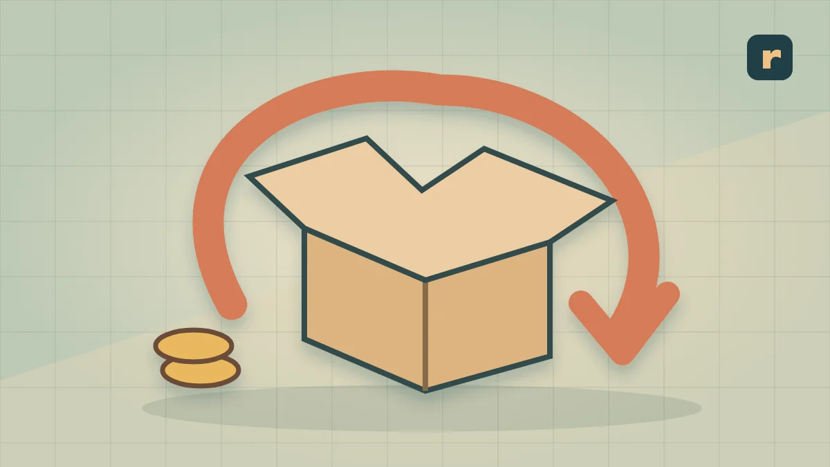An open parcel sits inside a return arrow with a detached coin, illustrating costs that remain after a refund.