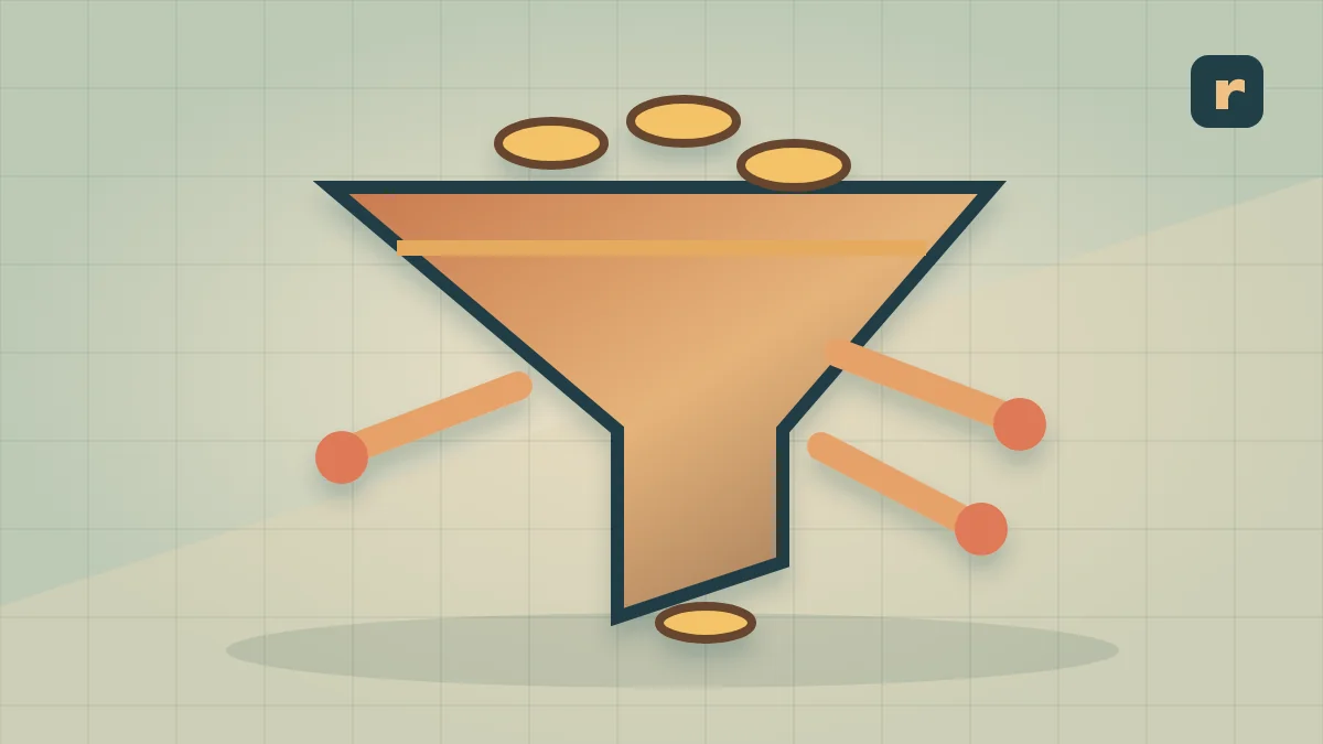 A copper funnel catches coins while several side openings divert them, illustrating selling costs between sales and contribution.