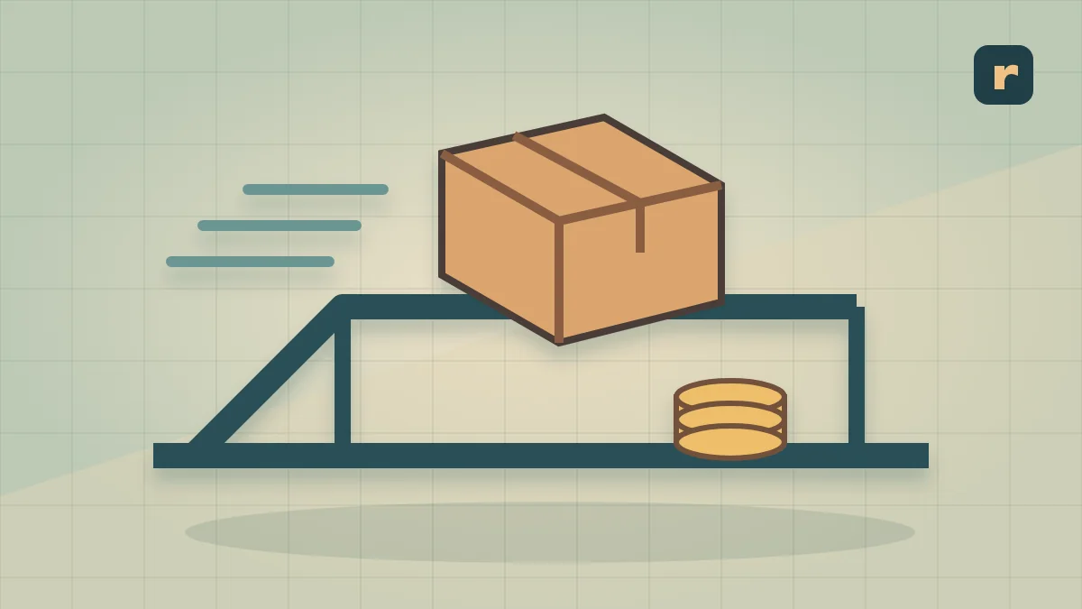A delivery parcel rests on a bridge supported by a stack of coins, illustrating a shipping cost threshold.